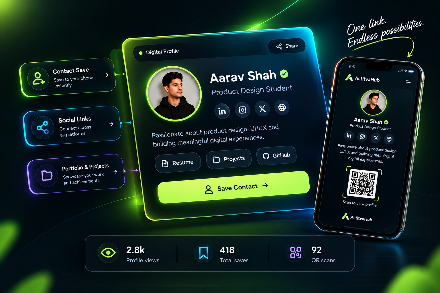 Aarav Shah’s digital profile shown on desktop and mobile with QR sharing.